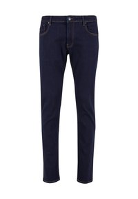 Tumši zili džinsi ar šauru piegriezumu, ar zelta diegu šuvēm, klasisku piecu kabatu dizainu un metāla pogu aizdari.