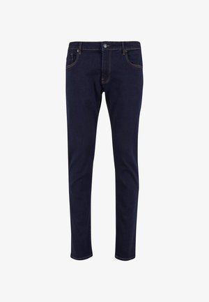 Mørkeblå denim jeans med slim fit, der har guldstikning, et klassisk fem-lomme design og en metal knaplukning.