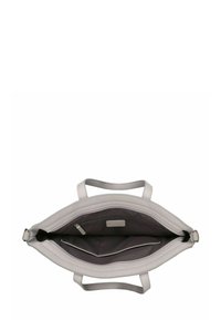 Sac à main gris clair avec deux poignées, fermeture éclair sur le dessus ouverte, et compartiment intérieur comprenant une poche zippée et une poche simple bordée.