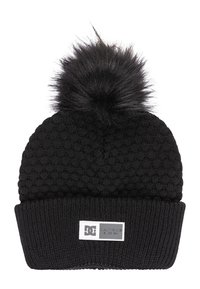 Black knitted beanie with a textured pattern, featuring a large black faux fur pom-pom on top and a ribbed cuff with a logo tag.