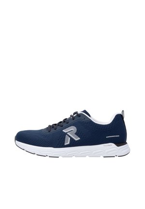 Chaussure de sport bleu marine avec semelle blanche, lacets noirs, dessus en mesh et logo "R" stylisé sur le côté.