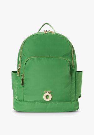 Green nylon backpack with a smooth texture, double zippers, front pocket, gold hardware accents, and side pockets for extra storage.