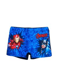 Blue swim shorts featuring Iron Man and Captain America graphics. Made of stretchy fabric with a vibrant superhero-themed pattern.