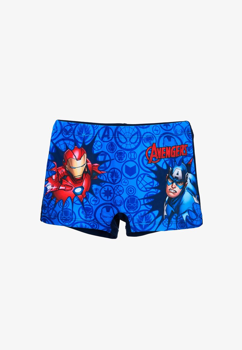 Blaue Schwimmshorts mit Grafiken von Iron Man und Captain America. Hergestellt aus elastischem Stoff mit einem lebhaften Superhelden-Muster.