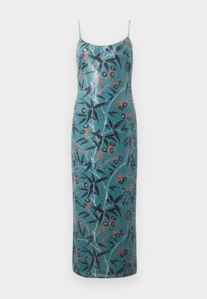 Teal maxi dress with thin straps, featuring a floral pattern with black leaves and small orange flowers.