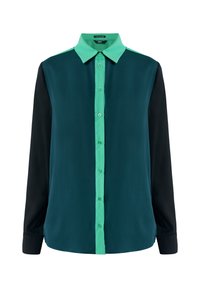 Button-up shirt featuring a teal front and collar, with black long sleeves. Smooth texture and a classic fit.