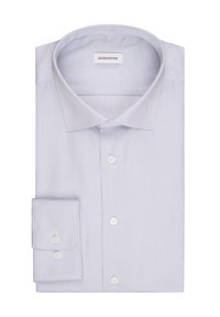 Lichtblauw gestreept overhemd van katoen. Kenmerken zijn een klassieke kraag, lange mouwen en witte knopen, met een enkele manchetten.