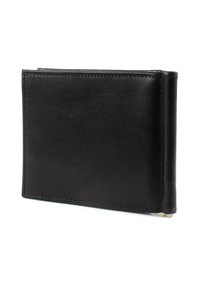 Black leather wallet with a rectangular shape, featuring smooth texture and minimalistic design, stitched edges, and a fold-over closure.