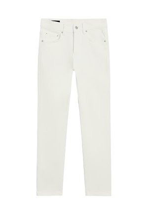 Weiße Denim-Jeans mit schmaler Passform, fünf Taschen und Metallbeschlägen. Glatte Textur mit einem sauberen, schlichten Design.