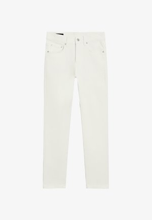 Weiße Denim-Jeans mit schmaler Passform, fünf Taschen und Metallbeschlägen. Glatte Textur mit einem sauberen, schlichten Design.