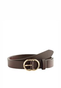 Ceinture en cuir marron à texture lisse, dotée d'une boucle circulaire dorée et d'une seule ardillon. Design simple avec une finition élégante.