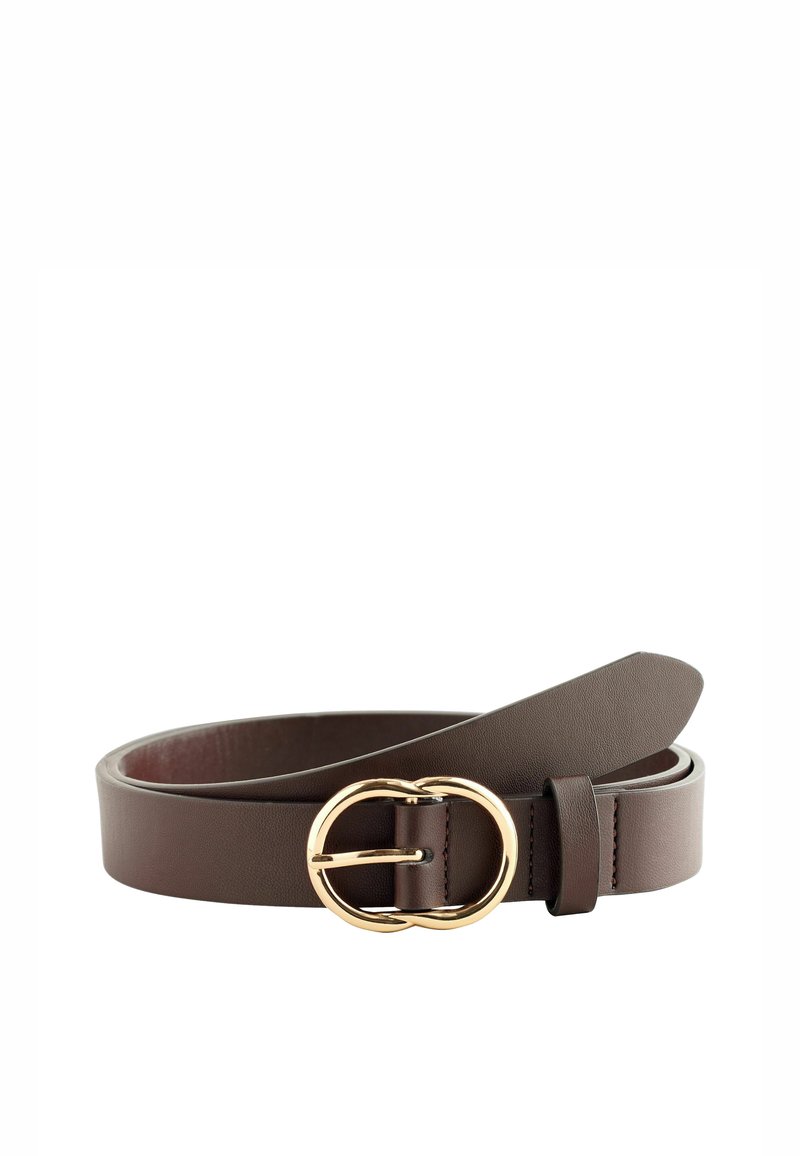 Ceinture en cuir marron à texture lisse, dotée d'une boucle circulaire dorée et d'une seule ardillon. Design simple avec une finition élégante.