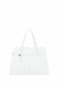 Sac fourre-tout blanc avec une texture en cuir lisse, des poignées doubles, une poche zippée à l'avant et des coutures décoratives le long des bords.