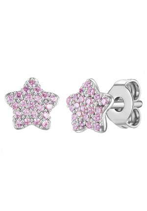 Ohrringe aus Sterlingsilber in Sternform mit rosa Strasssteinen, funkelnder Textur und sicheren Steckverschlüssen.