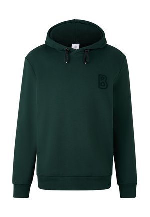 Donkergroene pullover hoodie met trekkoorden en een klein, textuurachtig "B"-logo op de linkerborst, weergegeven tegen een witte achtergrond.