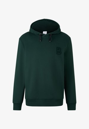 Donkergroene pullover hoodie met trekkoorden en een klein, textuurachtig "B"-logo op de linkerborst, weergegeven tegen een witte achtergrond.