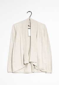 Cardigan beige realizzato in morbido tessuto a maglia, caratterizzato da un'apertura frontale, maniche lunghe e un orlo posteriore più lungo. Sottile texture a costine.