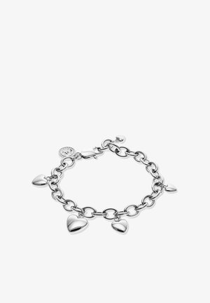 Zilveren kettingarmband met vijf gepolijste hartvormige bedels en een ronde bedel nabij de karabijnsluiting, afgebeeld op een witte achtergrond.