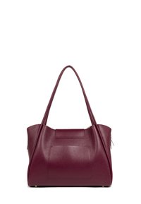 Borsa a tracolla in pelle bordeaux con una forma strutturata, manici corti e una tasca frontale. Superficie testurizzata e accenti hardware sottili.