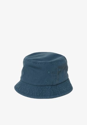 Blue cotton bucket hat with stitched brim and small ventilation holes on the sides, displayed against white background.