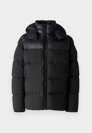 Black puffer jacket featuring a zip front, high collar, and detachable hood. The fabric is smooth with a quilted design and two side pockets.