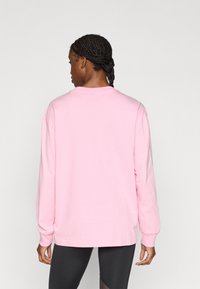 Różowa bluza z długim rękawem, z okrągłym dekoltem, luźnym krojem i miękką bawełnianą fakturą. Widoczne przeszycia na rękawach i dole.