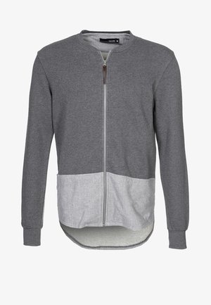 Giacca grigia con zip, maniche lunghe, scollo arrotondato, pannello inferiore di grigio più chiaro e sottili dettagli testurizzati.