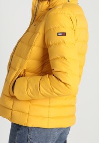 Żółta kurtka puchowa z poziomym pikowaniem, zamek błyskawiczny oraz kieszenie boczne. Posiada małą naszywkę z logo w kolorach czerwonym, białym i niebieskim.