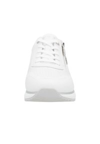 White athletic shoe with a textured upper, lace-up front, and side zipper. Lightweight design and cushioned sole for support.