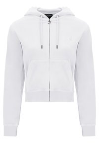 Hoodie bianco cropped con zip frontale completa, cappuccio con coulisse, tasca frontale, dettaglio del logo e polsini a coste. Tessuto morbido con superficie liscia.