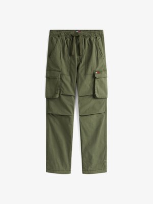 Olive green cargo pants made of cotton, featuring a drawstring waistband, two side pockets, and two cargo pockets with flap.