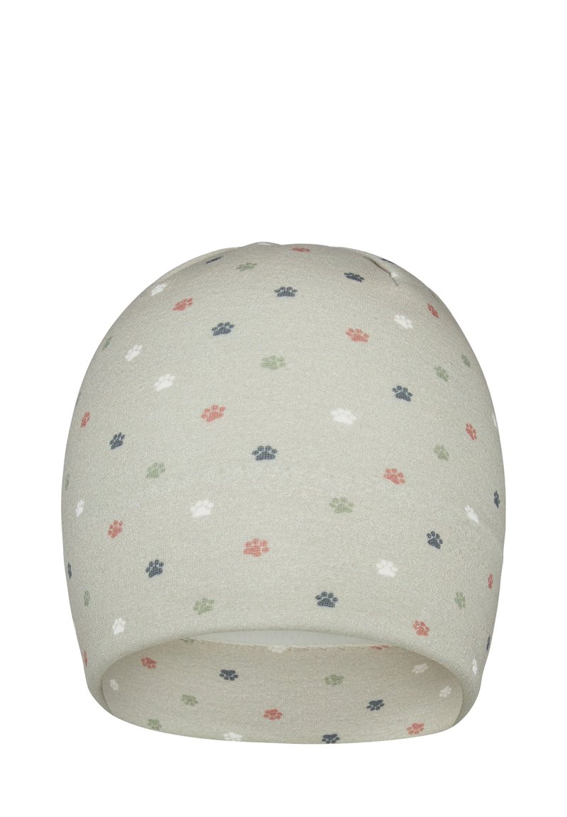 Green knitted beanie with small, colorful paw prints in pink, white, blue, and green. Rounded shape with a soft texture and rolled hem.