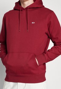 Sudadera color burdeos con bolsillo frontal tipo canguro, capucha con cordón, puños acanalados y un sutil detalle de logo en el pecho. Tejido suave y texturizado.