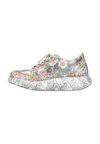 Baskets à lacets multicolores dotées d'un motif floral et paisley, avec une tige texturée et une semelle en caoutchouc blanc à motifs.