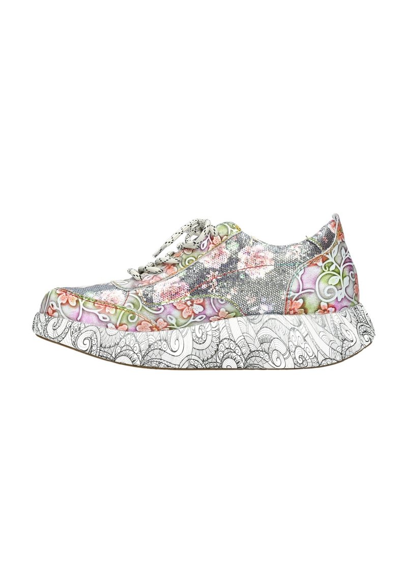 Baskets à lacets multicolores dotées d'un motif floral et paisley, avec une tige texturée et une semelle en caoutchouc blanc à motifs.