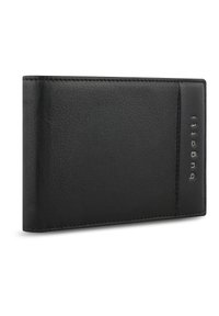 Black leather wallet with a textured finish, slim rectangular shape, and subtle embossed brand name on the front. Edges are stitched.