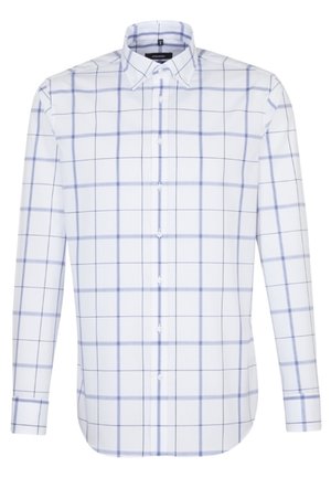 Weißes langärmliges Hemd zum Knöpfen mit hellblau-schwarzem Karomuster und klassischem Kragen.
