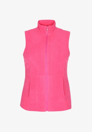 Gilet in pile rosa con colletto alto e zip frontale; presenta tasche laterali e una texture liscia e morbida.