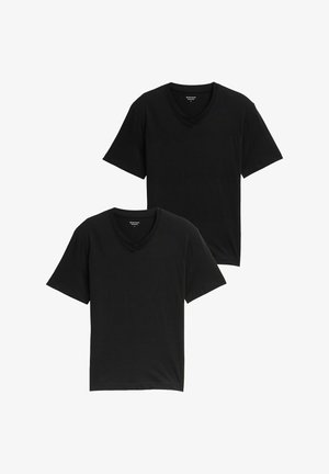 Zwarte katoenen V-hals t-shirts, in tweepak, korte mouwen, effen kleur, zachte textuur, minimalistisch ontwerp zonder patronen of versieringen.