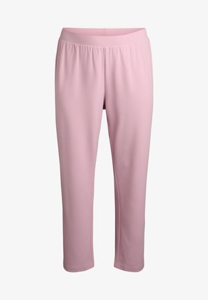 Pantalons rose à taille élastique fabriqués en tissu doux, présentant un design à jambe droite et sans motifs ni accents en métal visibles.