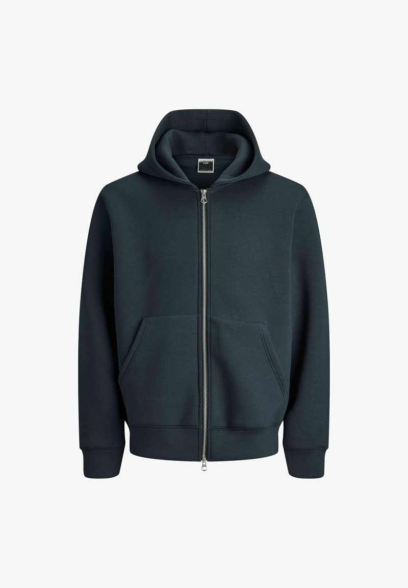 Mørkegrønn hettejakke med glidelås laget av myk bomullsblanding, med en frontlomme og ribbede mansjetter og hem, med hette for ekstra varme.