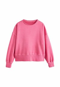 Sweatshirt rosa realizzato in tessuto morbido, con collo rotondo, spalle basse e polsini a coste, caratterizzato da una vestibilità rilassata e un design semplice.