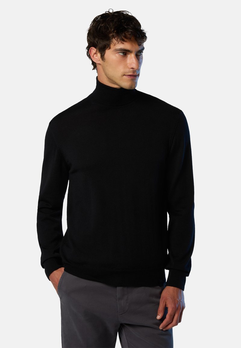 Suéter negro de cuello alto hecho de una tela suave, con mangas largas y un diseño ajustado. Estilo minimalista sin patrones visibles.
