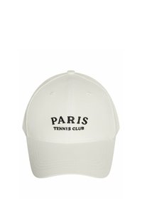 Biała czapka z czarnym haftowanym napisem "PARIS TENNIS CLUB" z przodu, o usztywnionej konstrukcji i zakrzywionym daszku.