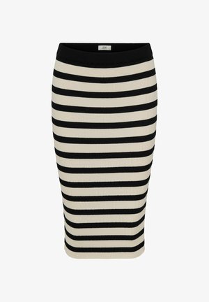 Kootud pliiatsiseelik, millel on vahelduvad mustad ja kreemjad vertikaalsed triibud. Omab laia elastset vöökohta ja siledat tekstuuri.