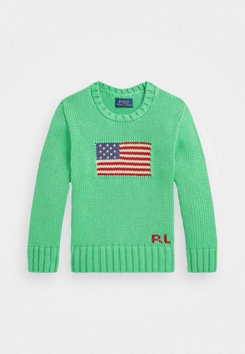 Sweater verde tricotado com um patch texturizado da bandeira americana no peito e bordado vermelho "P.L." na bainha. Design de gola redonda.