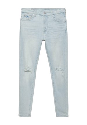 Lichtblauwe slim-fit jeans met lichte slijtage aan beide knieën, voorzakken met klinknagels en een tailleband met knoop-ritssluiting.