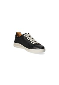 Schwarze Leder-Sneaker mit weißen Schnürsenkeln, glatter Oberfläche, dezenten Nähten und einer beigen Gummisohle. Minimalistisches Design mit abgerundeter Zehenpartie.