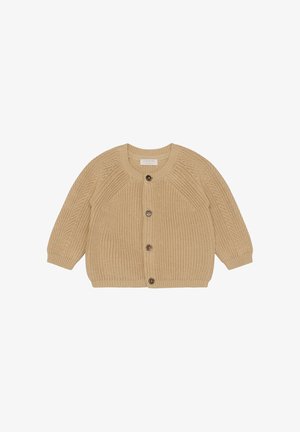 Beige strikket cardigan med ribbet struktur, rund halsudskæring og tre brune knapper. Har lange ærmer og en afslappet pasform.