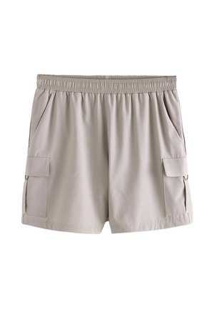 Svetlo béžové šortky s elastickým pásom a dvoma kapsami s klopami na každej strane, vyrobené z hladkej látky.